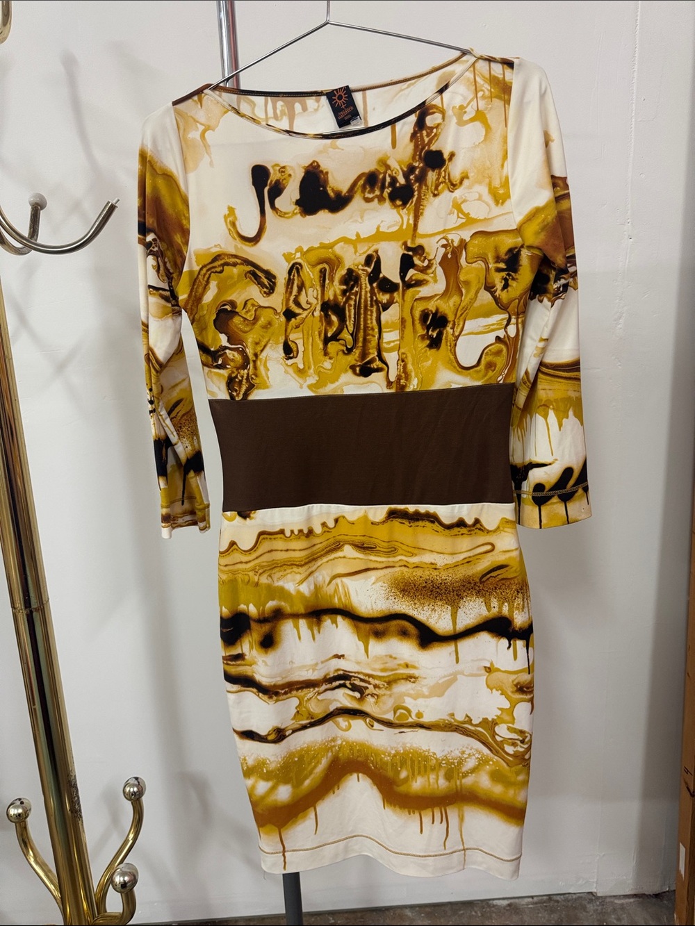Jean Paul Gaultier White, Mustard & Brown Abstract Print Long Sleeve Dress